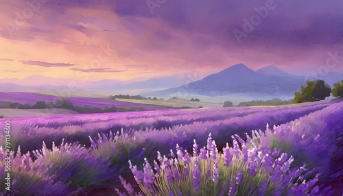 A serene digital illustration of a lavender field bathed in the soft, purplish glow of twili.