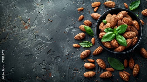  A dark backdrop showcases a bowl brimming with almonds Green leaves accentuate the scene Text or image insertion area is available