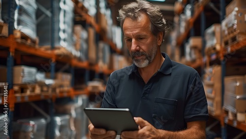Middle-aged man utilizes tablet for accounting and inventory management in warehouse. Concept Warehouse Management, Inventory Control, Tablet Usage, Accounting System, Middle-aged Man