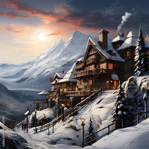 Snowy mountain village at sunset. 3d render. Winter landscape.