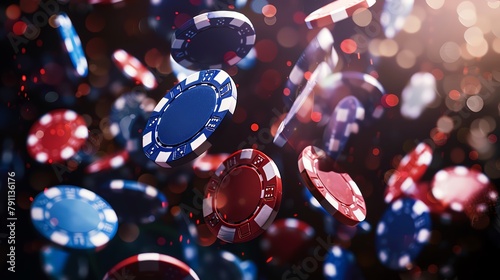 Design a visually striking composition showcasing various poker elements, including poker chips, on a dark, sleek background for a modern online casino advertisement