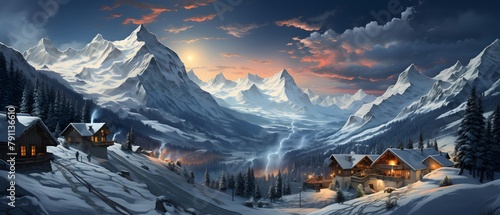 Panoramic view of the alpine village in winter at sunset