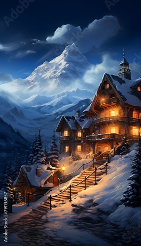 Snowy alpine village in the mountains at night, Switzerland.
