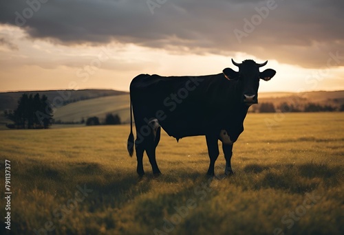a large cow standing in the middle of a field of grass