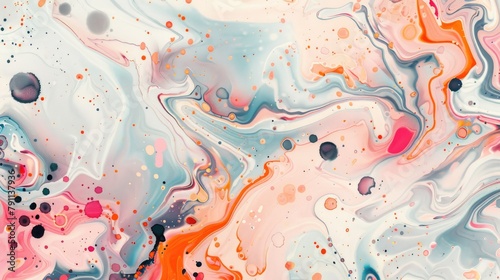 Vibrant marbled ink pattern on a white watercolor backdrop with chaotic and abstract organic elements resemblant of bath bomb swirls
