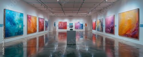 Modern art gallery interior showcasing vibrant abstract paintings and sleek design