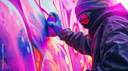 Close up of a cyberpunk neon colored graffiti tagger at work AI generated illustration