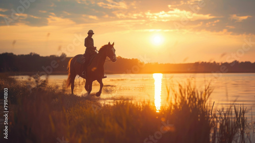A person riding a horse next to a body of water, enjoying the scenic view and the experience of horseback riding outdoors