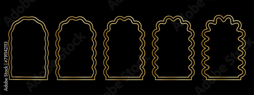 Set of gold arch frames with wiggly edges. Golden archway shapes with scallop borders. Wavy vignettes or mirrors, portals or doors, empty text boxes isolated on dark background. Vector illustration.