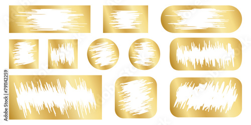 Set of golden scratch card surfaces with scraped textures. Collection of metallic scratchcards, lotto winner, money prize or sale coupon templates isolated on white background. Vector illustration.