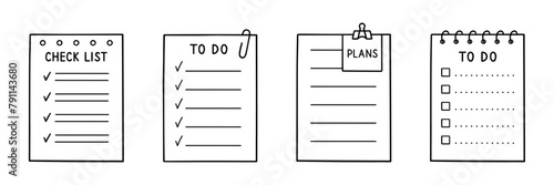 Check list, memory note paper doodle set. Reminder, to do list, notebook with plan, task and checkboxes in sketch style. Hand drawn vector illustration isolated on white background