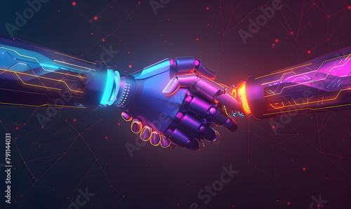Robot businessman shaking hands with digital partner on a futuristic dark background, in bright neon colors, pink, light blue, red. Artificial Intelligence and Machine Learning Process for the 4th Ind