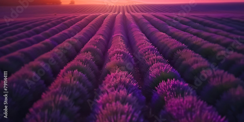 Sunset over a violet lavender field. France lavender fields.