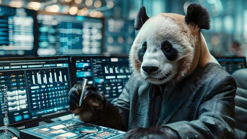 A panda in a suit analyzing data on a digital interface in an office. Concept Animal in a Suit, Data Analysis, Digital Interface, Office Setting, Cute Panda