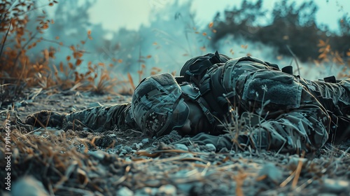 Fallen comrade lying on the ground AI generated illustration
