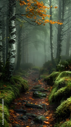 path woods moss trees foggy background young deviant fable ratio mountain birch forest street