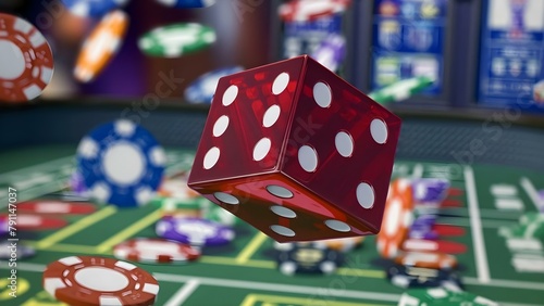 Dynamic photo of dice rolling on craps table in a casino. Concept Casino Photography, Craps Table, Dice Rolling, Dynamic Shots