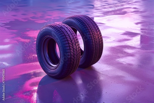 A pair of tires placed vertically on a pastel lilac surface with a hint of shimmer.