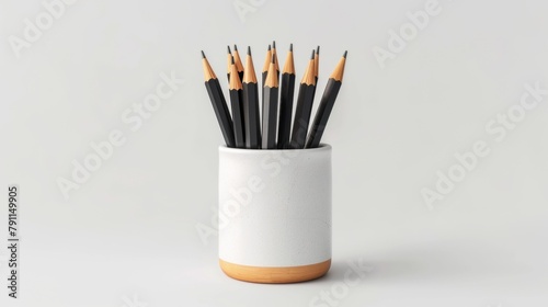 Blank mockup of a set of shard pencils standing upright in a pencil holder on a white background. .
