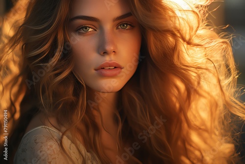 Closeup portrait of a woman with striking features, her face illuminated by golden hour sunlight, highlighting natural beauty and elegance