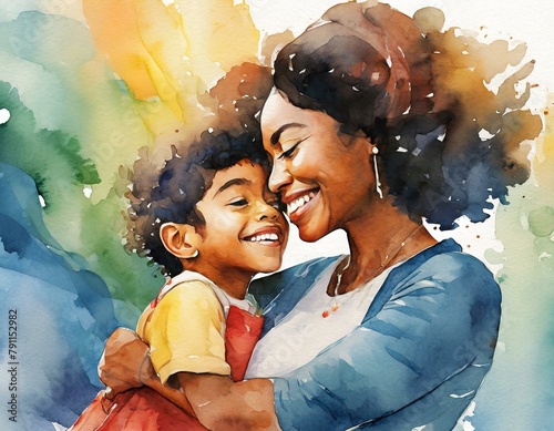 ilustración estilo acuarela de madre e hijo felices y sonriendo. 
