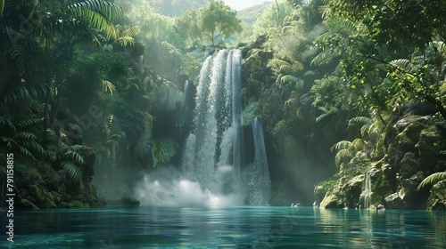 Majestic Waterfall Cascading into Crystal-Clear Pool in Tropical Forest