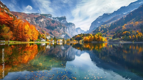Calm Serenity of Mountain Lake Reflecting Surrounding Autumn Colors