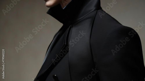 A sleek black suit with a pointed collar and cuffs reminiscent of a vampires cape. .