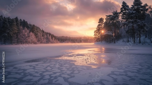 A stunning scene of a frozen lake and forest during a winter sunrise in Northern Europe