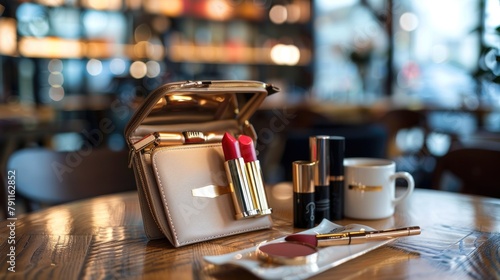 A stylish purse with lipsticks, makeup brush, and mascara on a cafe table beside a coffee cup; elegance and beauty essentials.