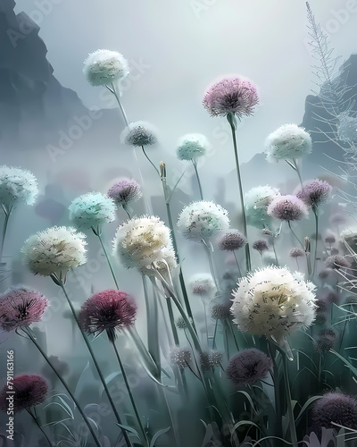 Vibrant Underwater Artwork: White and Pink Alliums in Intricate Foggy Field, Blending Grays and Greens