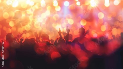 Softly blurred silhouettes of a cheering audience and glimpses of a stage set with microphones and instruments make for a dynamic and captivating defocused background ideal for showcasing .