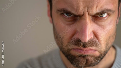 Closeup of a mans face with a stern expression as he speaks firmly and directly communicating his needs without hesitation. His body language exudes confidence and assertiveness. .