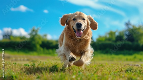 golden retriever running happily to the camera on the grass backyard