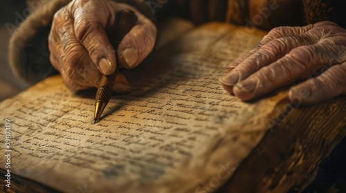 elderly mans hand writing on an old manuscript digital illustration showcasing wisdom knowledge and experience
