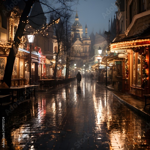 Blurred view of the street at night in Lviv, Ukraine