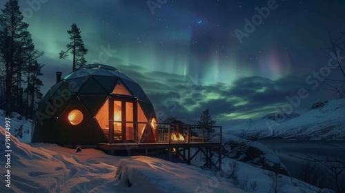 Wake up to the sight of the vibrant Northern Lights from your domed pod perfectly blending modern comfort with the wonders of nature. 2d flat cartoon.