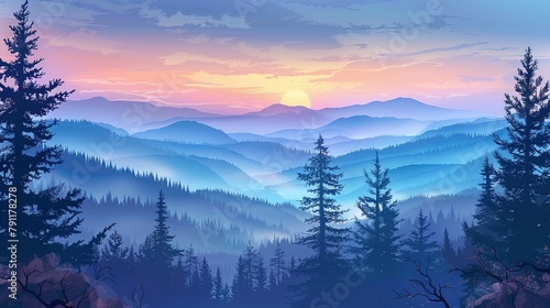 Illustration of valley view of forest fir trees, mountains and sunset