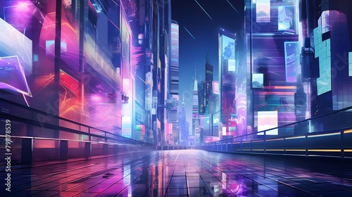 Night city panoramic view with neon lights and car light trails