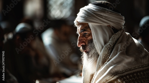 Elderly gentleman engrossed in prayer, draped in a traditional jewish tallit and wearing a kippah