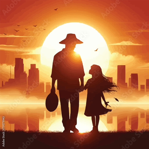 Happy Father's Day Background. Silhouette of Family in the mountains and trees vector illustration