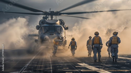 Military helicopter crew on duty at sunrise