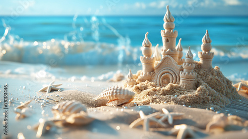 Majestic sandcastle with seashells on a sunlit beach with gentle waves