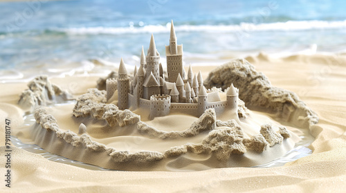 Grand sandcastle surrounded by a moat on a sunny beach