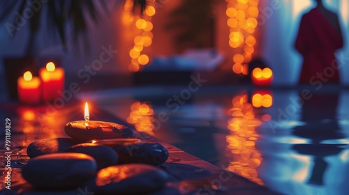 Soft focus on a spa room highlighting the subdued glow of candles the glistening of oil on massage stones and the shadowy figure of a person in a bathrobe. The image exudes a soothing .