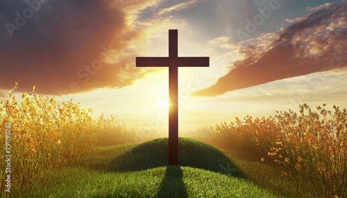 Ascension day concept. The cross on meadow autumn sunrise background