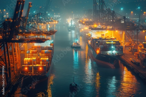 Nighttime at the port with illuminated cargo ships lined up for loading and unloading operations.