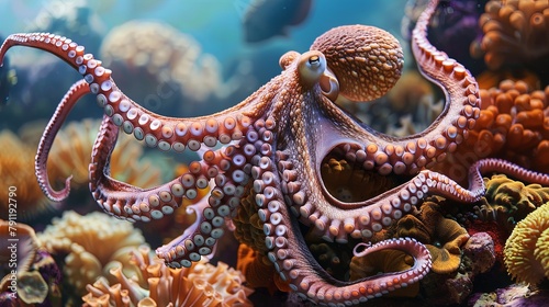 A curious octopus exploring a coral reef, its tentacles reaching out to touch and interact with the vibrant ecosystem that surrounds it.