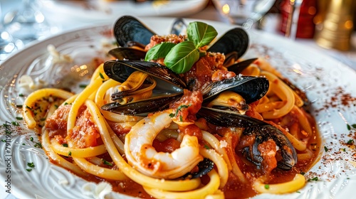 A gourmet seafood pasta dish, adorned with plump mussels, tender calamari, and rich marinara sauce, served in an elegant restaurant setting.