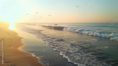 A pristine beach at sunrise, with soft waves lapping against the shore and seagulls soaring in the sky, embodying tranquility by the sea.